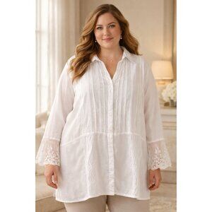 Soft Surroundings Womens Tunic Top Sz 3X White Cotton Boho Embroidered Coastal